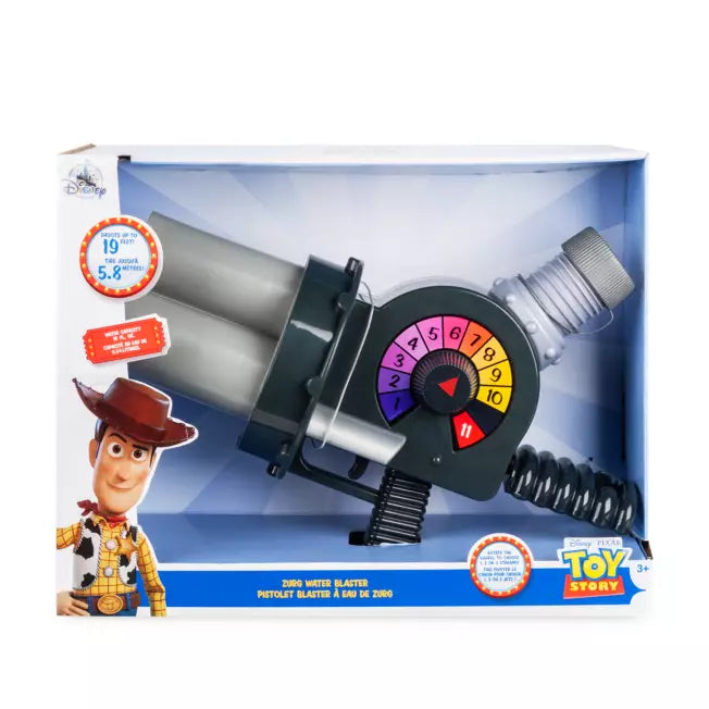 Disney Pixar Toy Story Zurg Water Blaster Woody Buzz Lightyear Water Pool Toy - Fight for control of the galaxy with this Zurg Water Blaster! Inspired by Toy Story, this awesome blaster shoots up to 5.8 meters. Rotate the barrel to choose 1, 2, or 3 streams. Holds 512ml of water. Blaster dimensions: H30 x W38 x D15cm approx. Packaging dimensions: H30 x W40 x D17cm approx. Made from plastic. Warning: do not aim at eyes or face. Not suitable for children under 36 months due to small parts.