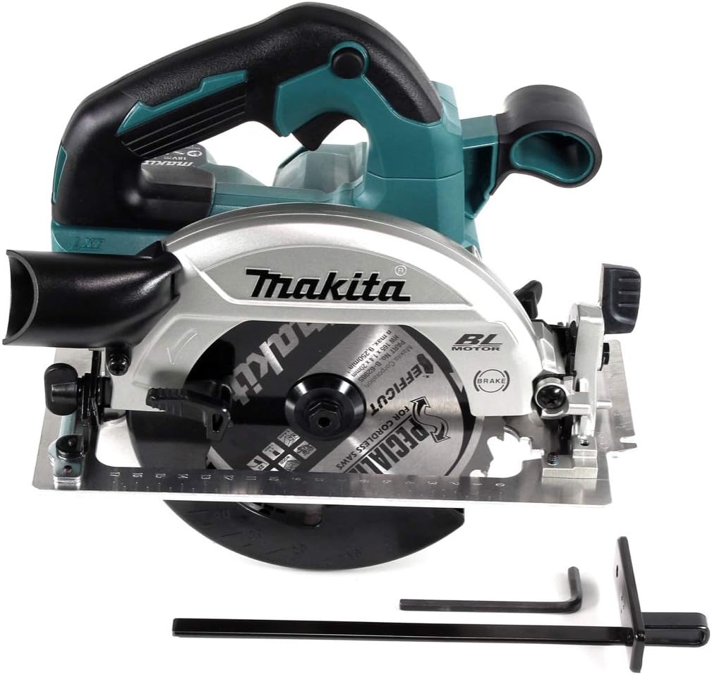Makita DHS661ZU 18V Li-Ion LXT Brushless 165mm Circular Saw - Compact and powerful saw with brushless motor, ideal for various trades. Features Auto-start Wireless System (AWS) for dust extraction, electric brake, LED job light, and soft start. Offers bevel cutting capacity, compact design, rear-facing exhaust port, and lock-off button. Includes blower function, Automatic Torque Drive Technology (ADT), improved blade tip visibility, and easy-to-read scale markings. Technical specifications: Voltage: 18V, Bl