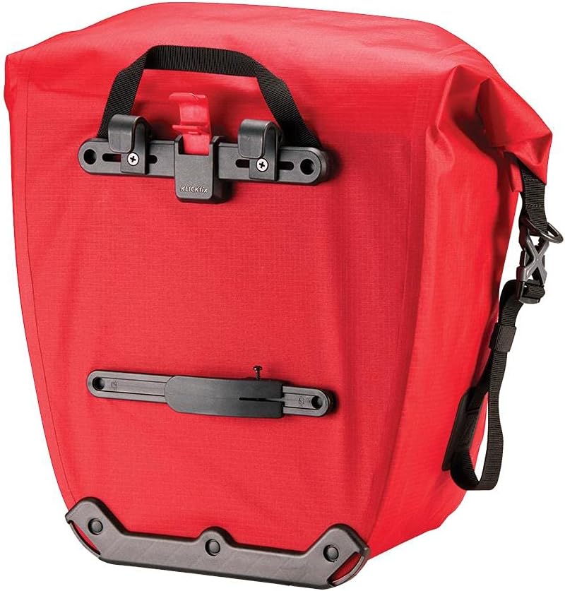 Red 25L Thunderstorm Adventure Pannier Bag with waterproof welded seam construction, roll closure, universal rail pannier fittings, front pocket, and reflective print. Easy to mount and durable for all your adventures.