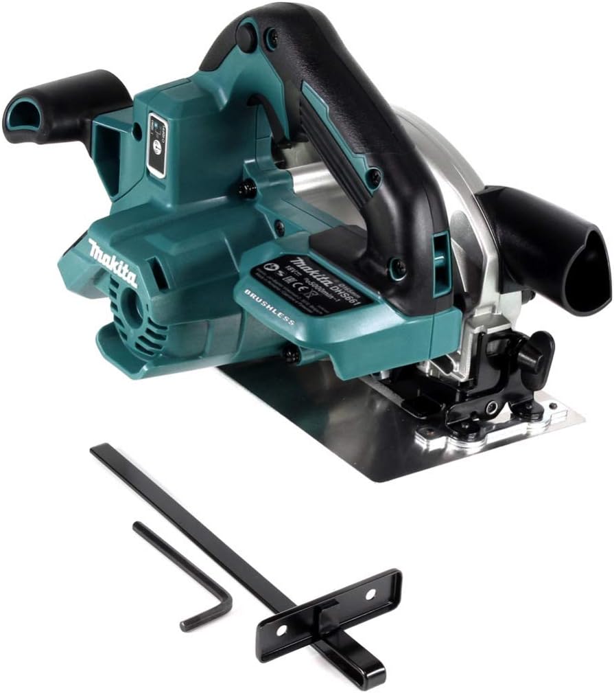 Makita DHS661ZU 18V Li-Ion LXT Brushless 165mm Circular Saw - Compact and powerful saw with brushless motor, ideal for various trades. Features Auto-start Wireless System (AWS) for dust extraction, electric brake, LED job light, and soft start. Offers bevel cutting capacity, lightweight design, and rear-facing exhaust port. Equipped with Automatic Torque Drive Technology (ADT) for optimal cutting speed. Improved visibility of blade tip and easy-to-read scale markings. Technical specifications include 18V vo