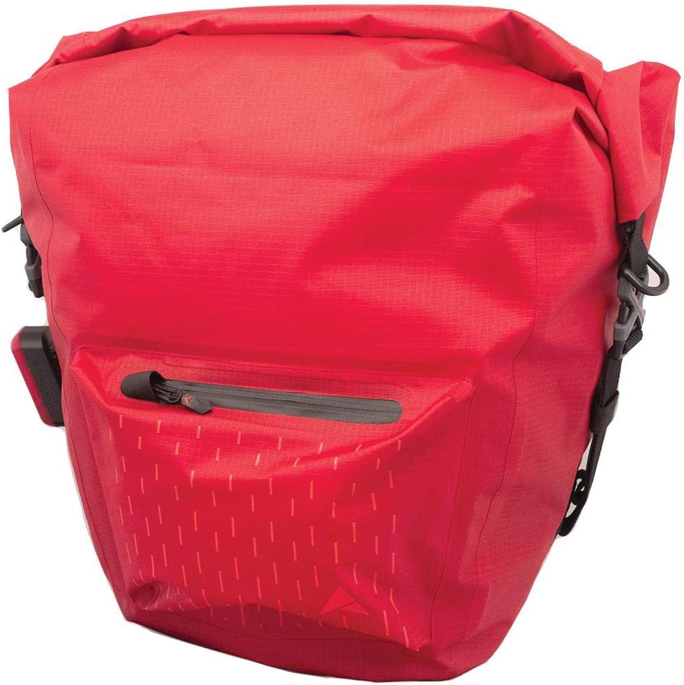 Red 25L Thunderstorm Adventure Pannier Bag with roll-top closure, waterproof welded seam construction, Rixen & Kaul Universal Rail Pannier fittings, front pocket, and reflective print.