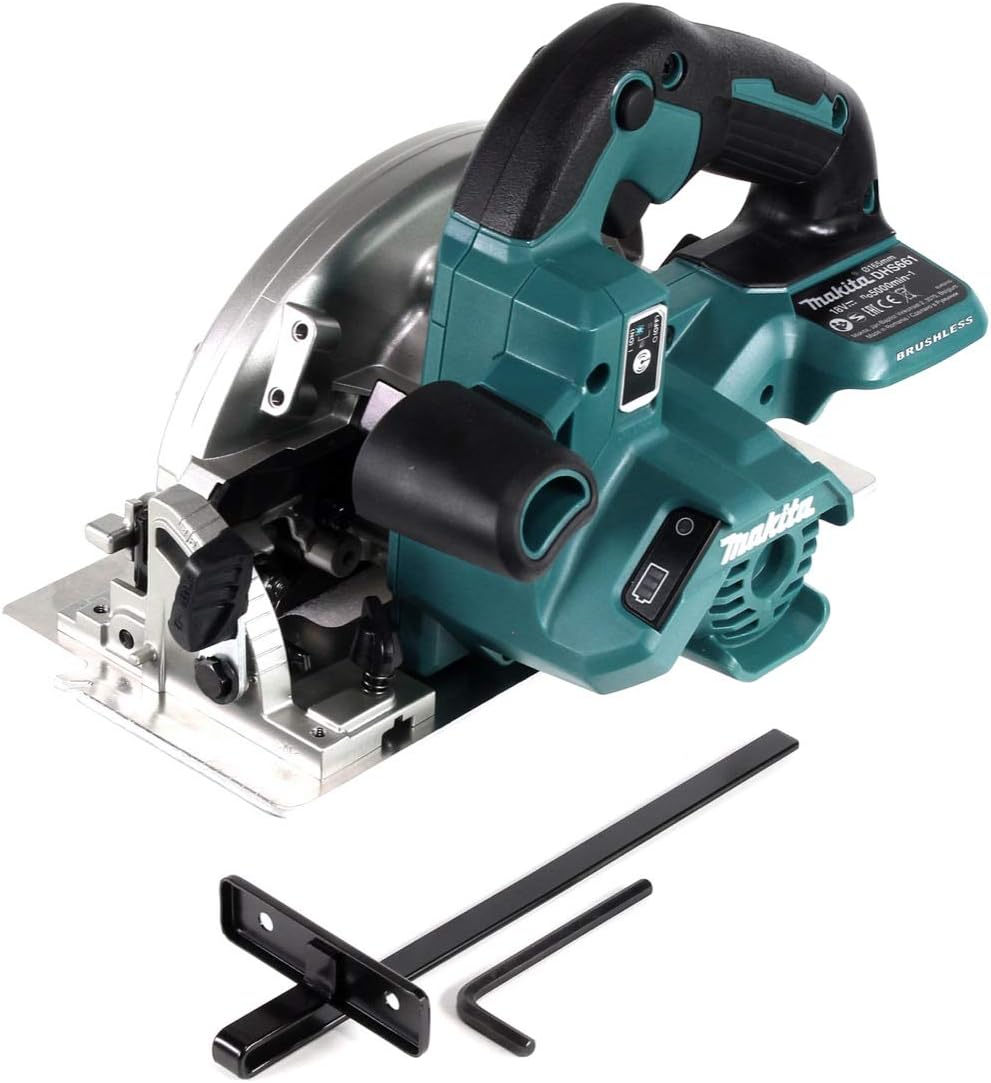 Makita DHS661ZU 18V Li-Ion LXT Brushless 165mm Circular Saw - Compact and powerful saw with brushless motor, ideal for a wide range of trades. Features Auto-start Wireless System (AWS) for on-demand dust extraction, electric brake, LED job light, and soft start. Offers a compact and lightweight design with a rear-facing exhaust port and lock-off button. Equipped with Automatic Torque Drive Technology (ADT) for optimal cutting speed and improved visibility of blade tip. Comes with TCT saw blade, hex wrench, 