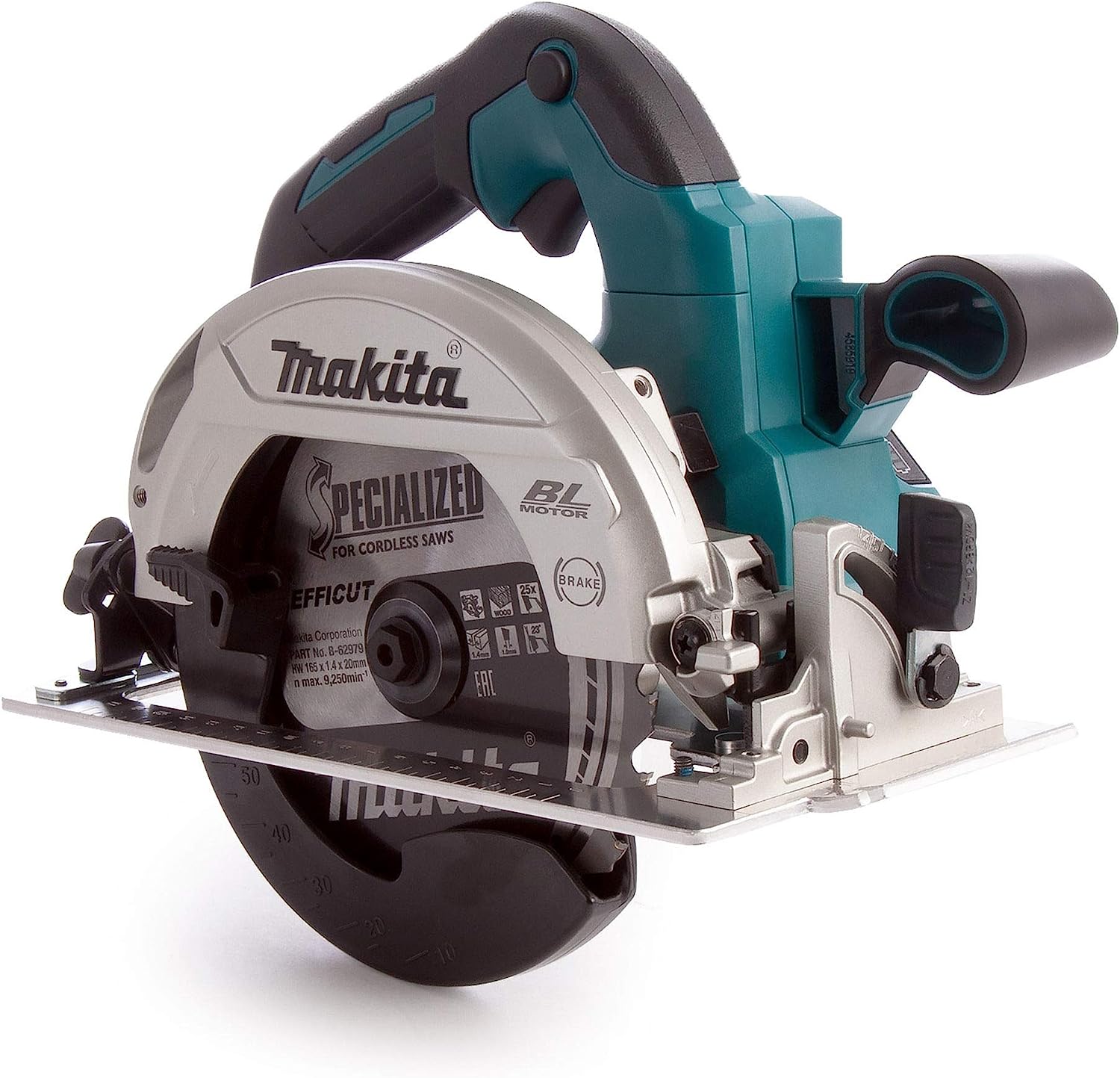 Makita DHS661ZU 18V Li-Ion LXT Brushless 165mm Circular Saw - Compact and powerful saw with brushless motor, ideal for various trades. Features Auto-start Wireless System (AWS) for on-demand dust extraction. Offers optimal rpm to torque ratio for fast cuts in light or hard applications. Includes LED job light, soft start, and rear-facing exhaust port. Easy to read scale markings for precise adjustments. Technical specifications: Voltage: 18V, Blade Diameter: 165mm, Max Cutting Capacity at 0°: 57mm, Max Cutt