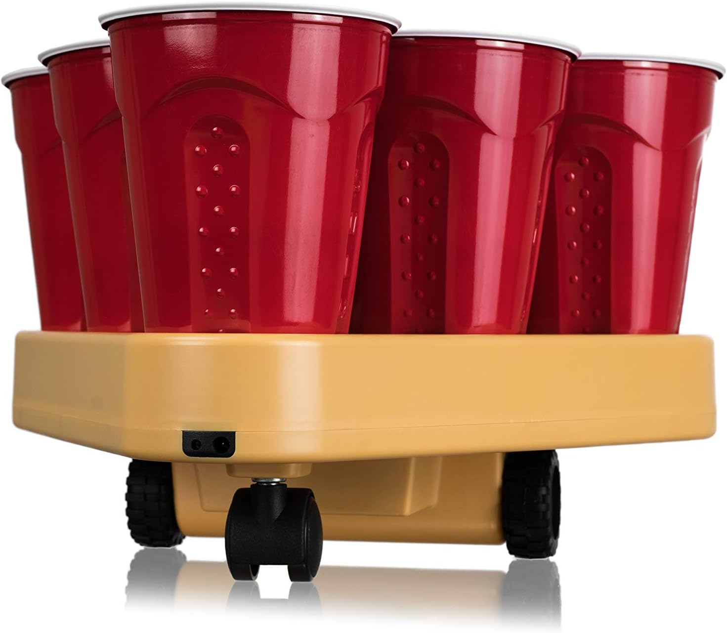 BRUU Moving Beer Pong Robot - A small robot that adds excitement to your beer pong games. It drives around the table, making the cups a moving target. Custom sensors ensure it stays on track without falling off or hitting anything. Easy to use - just add your cups, fill them up, and turn it on. Let the good times roll! This model offers 3 different speeds. Each box contains 1 Robot, 2 Ping Pong Balls, and 1 Quick start guide. Spice up your traditional beer pong matches with this great invention.