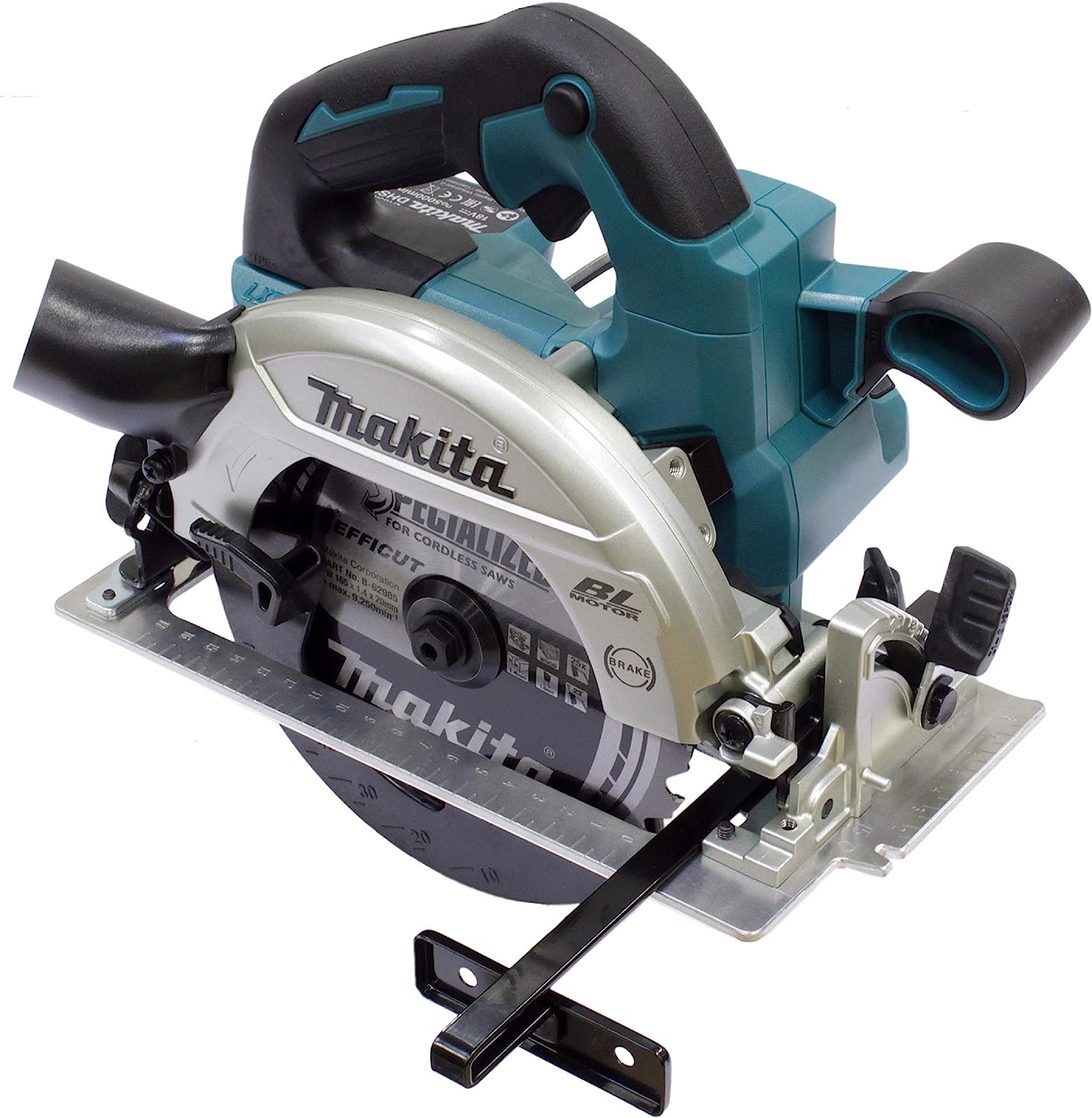 Makita DHS661ZU 18V Li-Ion LXT Brushless 165mm Circular Saw - Compact and powerful saw with brushless motor, ideal for various trades. Features Auto-start Wireless System (AWS) for dust extraction, electric brake, LED job light, and soft start. Offers bevel cutting capacity, lightweight design, rear-facing exhaust port, and lock-off button. Blower function for better cutting view, Automatic Torque Drive Technology (ADT), improved blade tip visibility, and easy-to-read scale markings. Technical specification