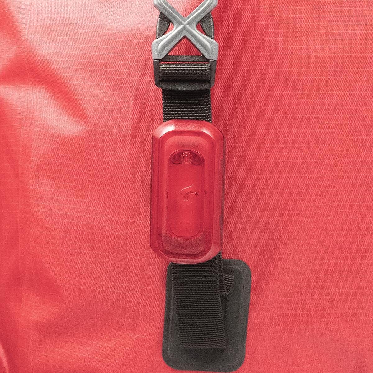 Red 25L Thunderstorm Adventure Pannier Bag with waterproof welded seam construction, roll closure, universal rail fittings, front pocket, and reflective print. Easy to mount and durable for all your adventures.