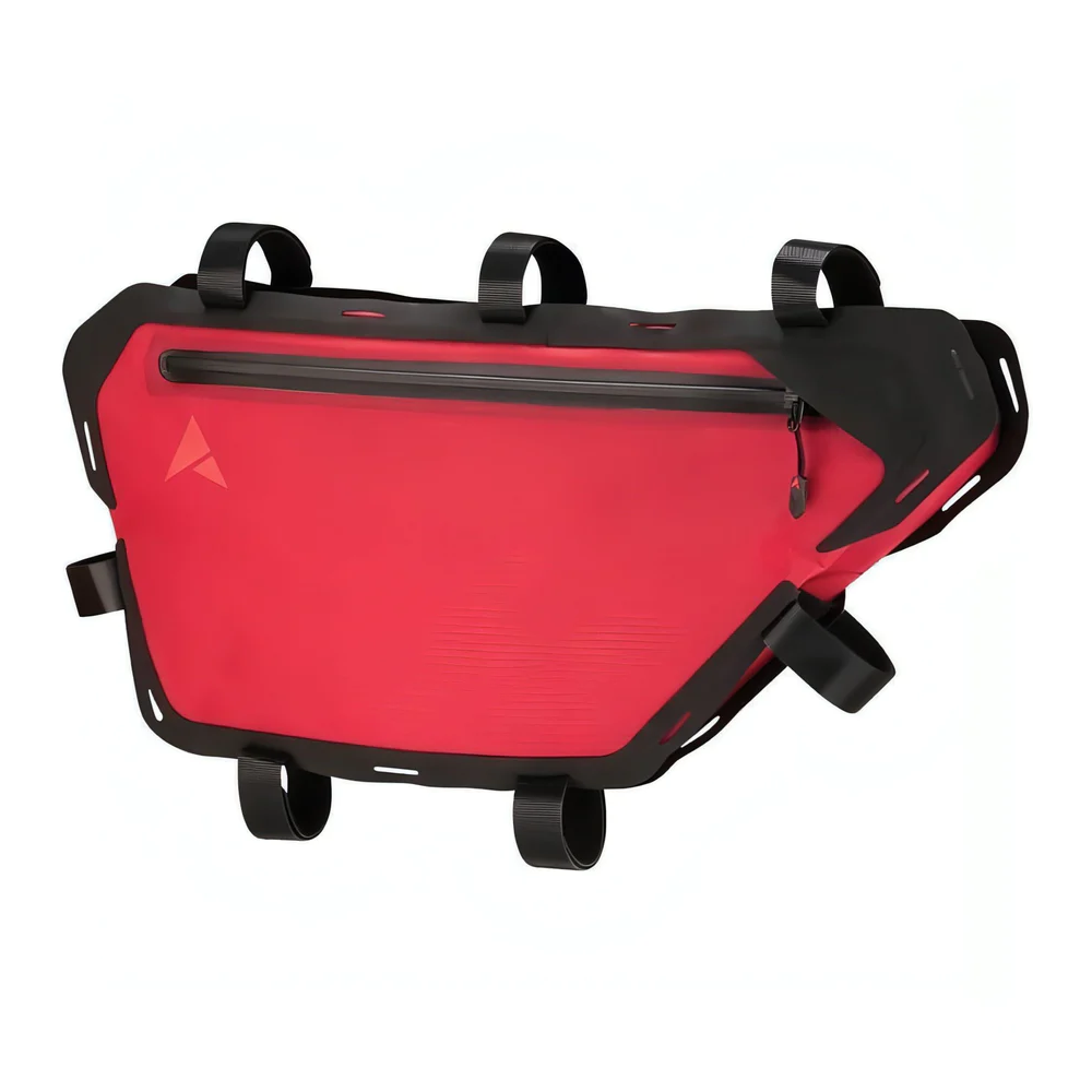Red and black Altura Vortex 2 Waterproof Frame Bag with universal mounting system, waterproof design, external zip pocket, and reflective details.