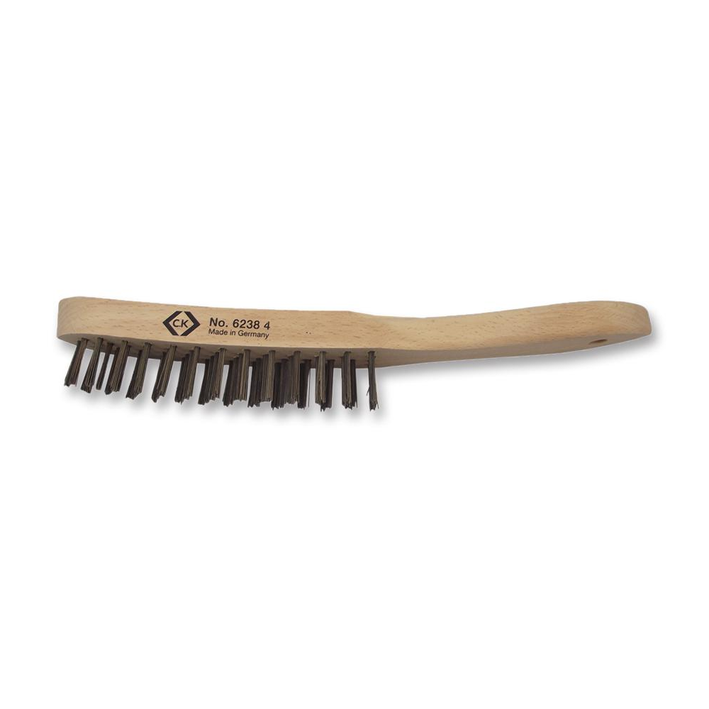 CK Tools T6238 4 Wire Brush 4 Rows: Premium quality oil hardened and tempered steel wire bristles for professional results. Solid waxed beech stock with hanging hole for storage. 4 rows of 25mm long bristles for effective working length of 140mm.