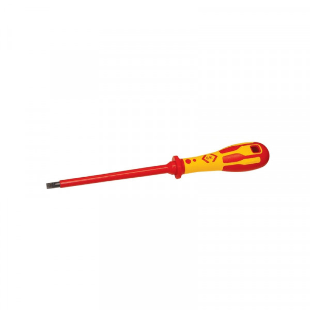 Red and yellow CK DextroVDE Screwdriver Slotted Parallel 3.5x100mm, featuring a length of 100mm, VDE approval, and individual testing up to 10,000v for safe live working. Product code: T49144-035. Manufacturer: CK Tools.