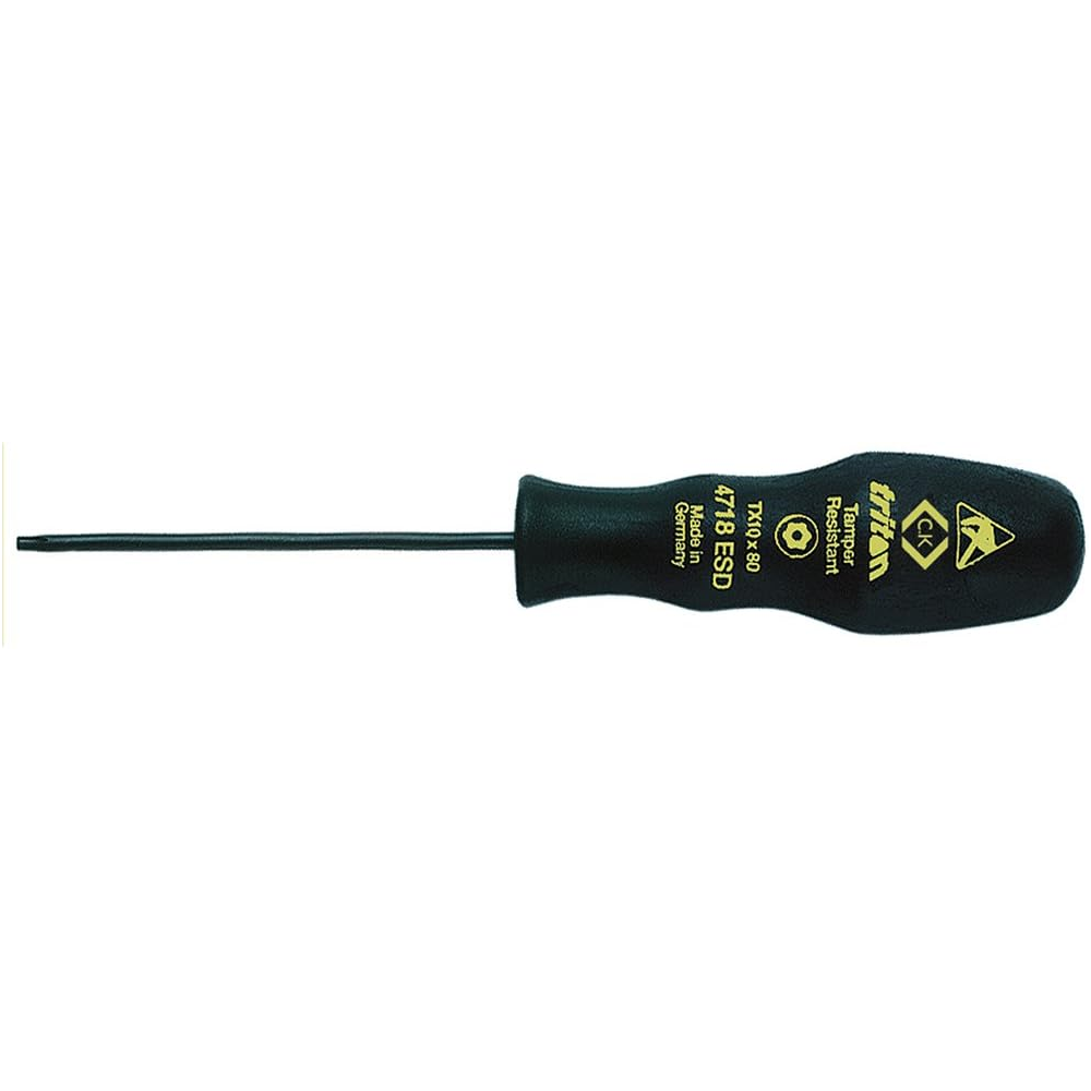 C.K Triton ESD Screwdriver Tamper Proof TX10 x 80mm - Ergonomic tri-lobe handle design, ESD compliant for safe use on electronic components, toughened alloy steel blade for strength, black anti-peel finish, precision machined tip, IEC 61340 5.1 & 5.2 compliant, size: TX 10, visible blade length: 80mm, overall length: 90mm, product code: T4718ESD 10, manufacturer: CK Tools.