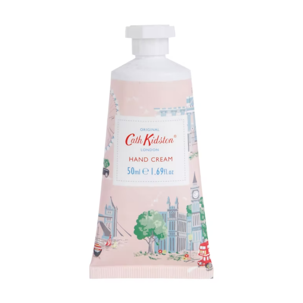 Cath Kidston London Hand Cream Soft Pink 50ml - Tube of hand cream with iconic London landmark print. Fragranced with orchard apple and sweet elderflower berries. Made in England with 94% natural ingredients including shea butter, glycerin, aloe leaf juice, and vitamin E. Apply desired amount and gently massage into hands. Hazards and Cautions: In the event of contact with the eyes, rinse with clean water. Ingredients: Aqua (Water), Cetearyl Alcohol, Caprylic/Capric Triglyceride, Glycerin, and more.