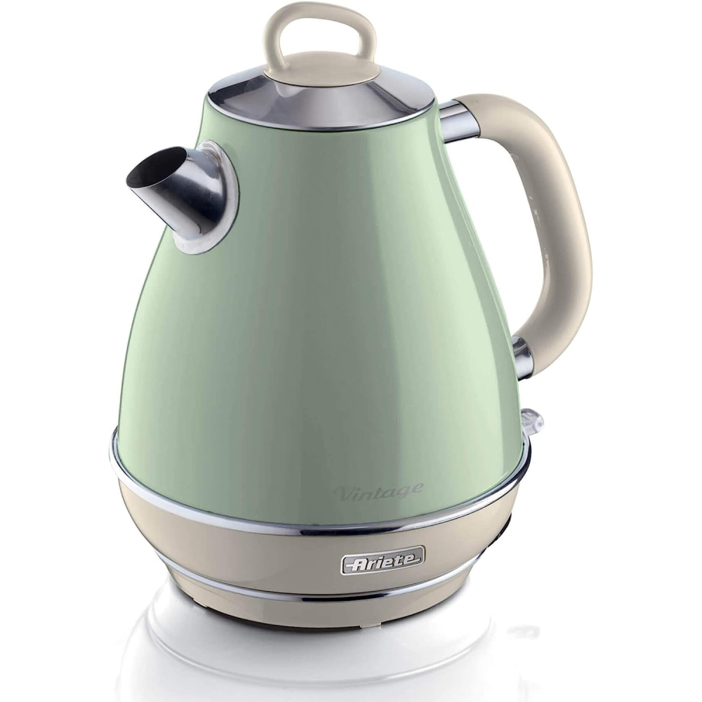 Ariete Retro Style Cordless Jug Kettle, 1.7 liters, Green - Close-up view of a vintage electric kettle with a pastel green color. The kettle features a 360° swivel base for easy placement on any kitchen top. With a 1.7 L capacity and 2000 Watts of power, it quickly boils water for infusions, teas, and herbal drinks. The kettle has a cold handle and stainless steel walls for safety, and it turns on/off with a push of a button. Ideal for Italian cuisine and making fragrant teas, this kettle combines iconic de