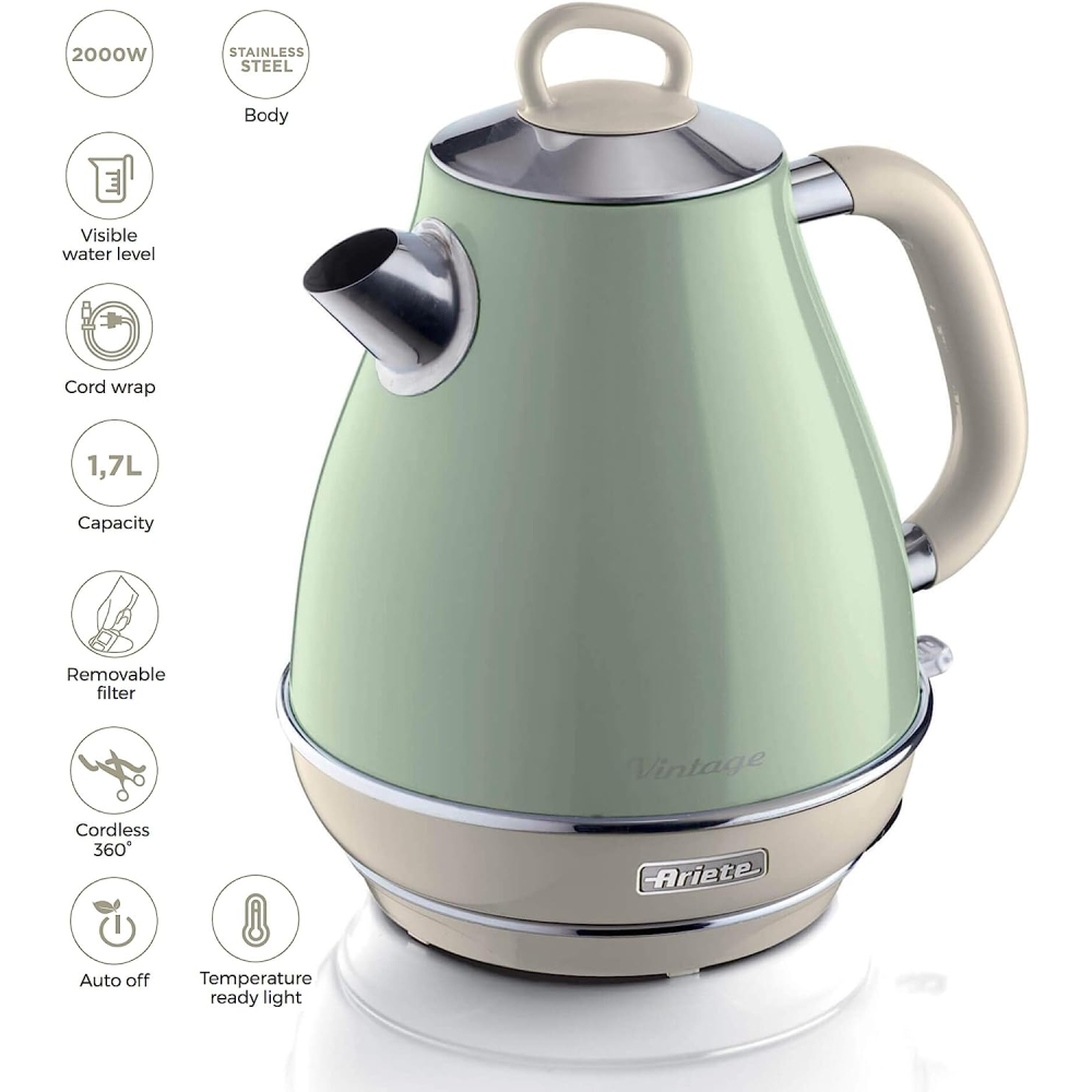 Ariete Retro Style Cordless Jug Kettle, 1.7 liters, Green - Vintage Electric Kettle with 360° Swivel Base, 2000 Watts of Power, Cold Handle, and Stainless Steel Walls. Perfect for Boiling Water, Infusions, Teas, and Herbal Drinks. Italian Design and Functionality by Ariete.