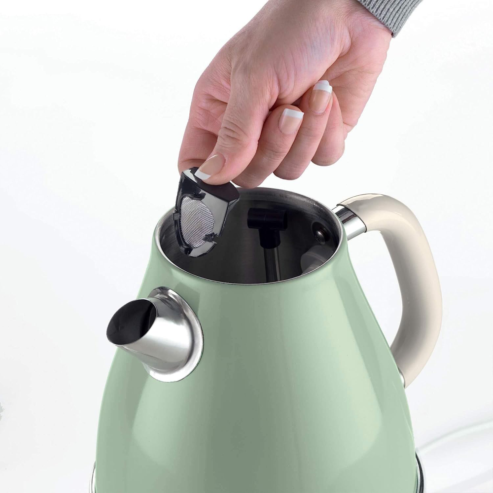Ariete Retro Style Cordless Jug Kettle, 1.7 liters, Green - Vintage electric kettle with unique shapes and pastel colors. 1.7L capacity, 2000W power for quick boiling. Cold handle and stainless steel walls for safety. Perfect for infusions, teas, and herbal drinks. Italian design and ease of use by Ariete.