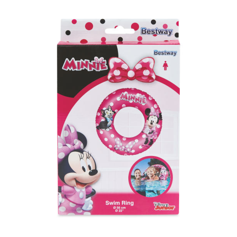 Pink and white Bestway Disney Minnie Swim Ring (3-6 yrs) with a pink and black swim ring. Suitable for ages 3-6 years, this swim ring features Minnie Mouse and her signature dots, making learning to swim fun. Perfect for use at the beach or in the pool. Dimensions: Inflated: 48 x 48 x 11cm (approx.), Deflated: 51 x 46cm (approx.). Made of PVC.