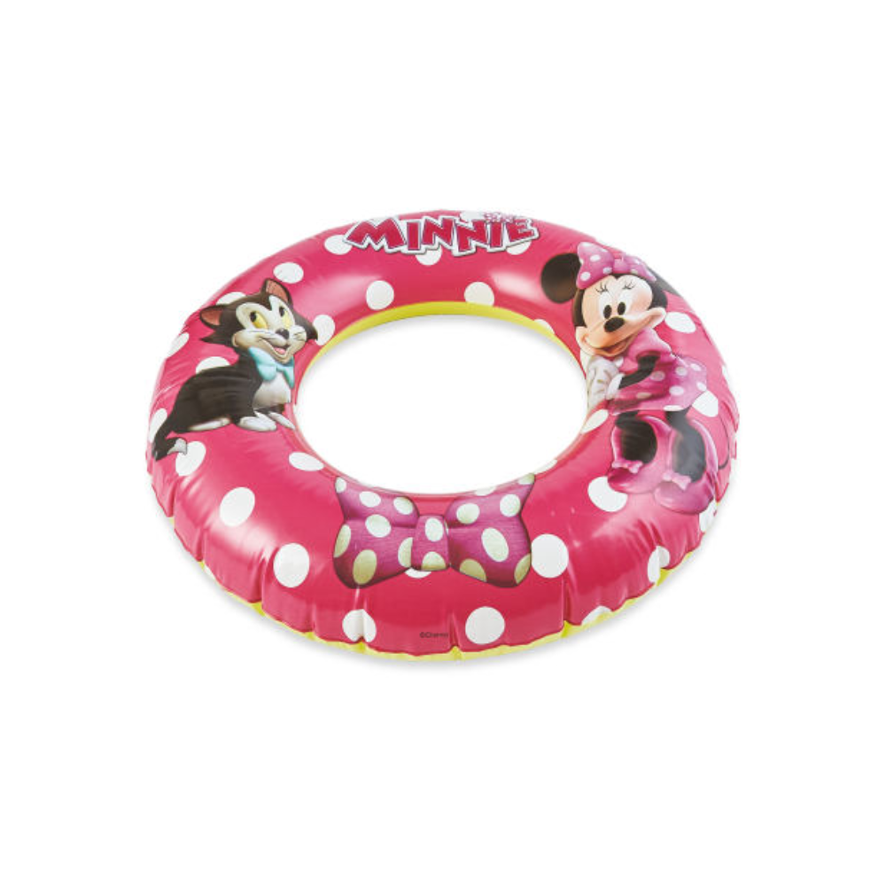 Pink inflatable swim ring featuring Disney Minnie Mouse and her signature dots. Suitable for ages 3-6 years. Perfect for pool or beach use. Dimensions: Inflated: 48 x 48 x 11cm (approx.), Deflated: 51 x 46cm (approx.). Made of PVC. Helps make learning to swim fun.