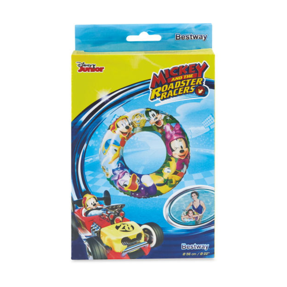 Colorful Disney Mickey Mouse Swim Ring for 3-6 year olds, perfect for pool or beach fun. Features Mickey and his friends, helping make learning to swim enjoyable. Inflated dimensions: 48 x 48 x 11cm (approx.), Deflated dimensions: 51 x 46cm (approx.). Made of PVC material.