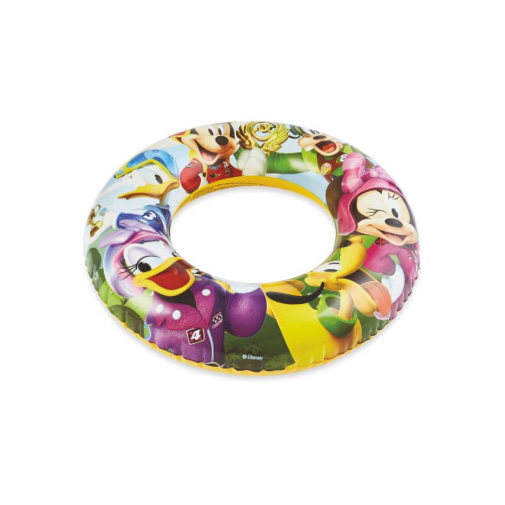 Colorful inflatable swim ring featuring Disney's Mickey Mouse and friends, perfect for children aged 3-6 years. Ideal for pool or beach use, this swim ring helps make learning to swim fun and boosts confidence. Made of PVC, the dimensions when inflated are approximately 48 x 48 x 11cm, and when deflated, approximately 51 x 46cm.