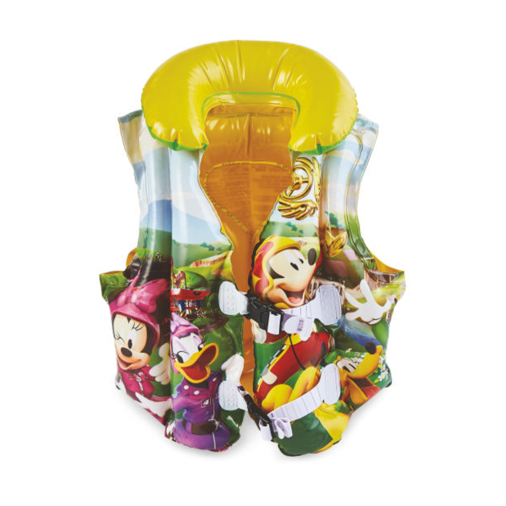 Yellow and green inflatable life vest featuring Disney Mickey Mouse design, suitable for ages 3-6 years old. The vest wraps around the torso, keeping arms free for swimming. It has an inflatable collar for enhanced neck support and adjustable buckles and straps. Ideal for learning to swim at the beach or pool. Dimensions: Inflated - 44 x 33 x 18cm, Deflated - 51 x 46cm. Made of PVC.