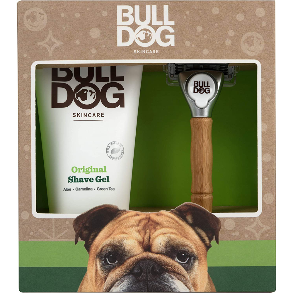 Bulldog Skincare Original Shave Duo Set featuring Original Shave Gel and Bamboo Razor. Vegan approved with Aloe Vera, Camelina Oil, and Green Tea. Plastic-free packaging. World Land Trust supported.