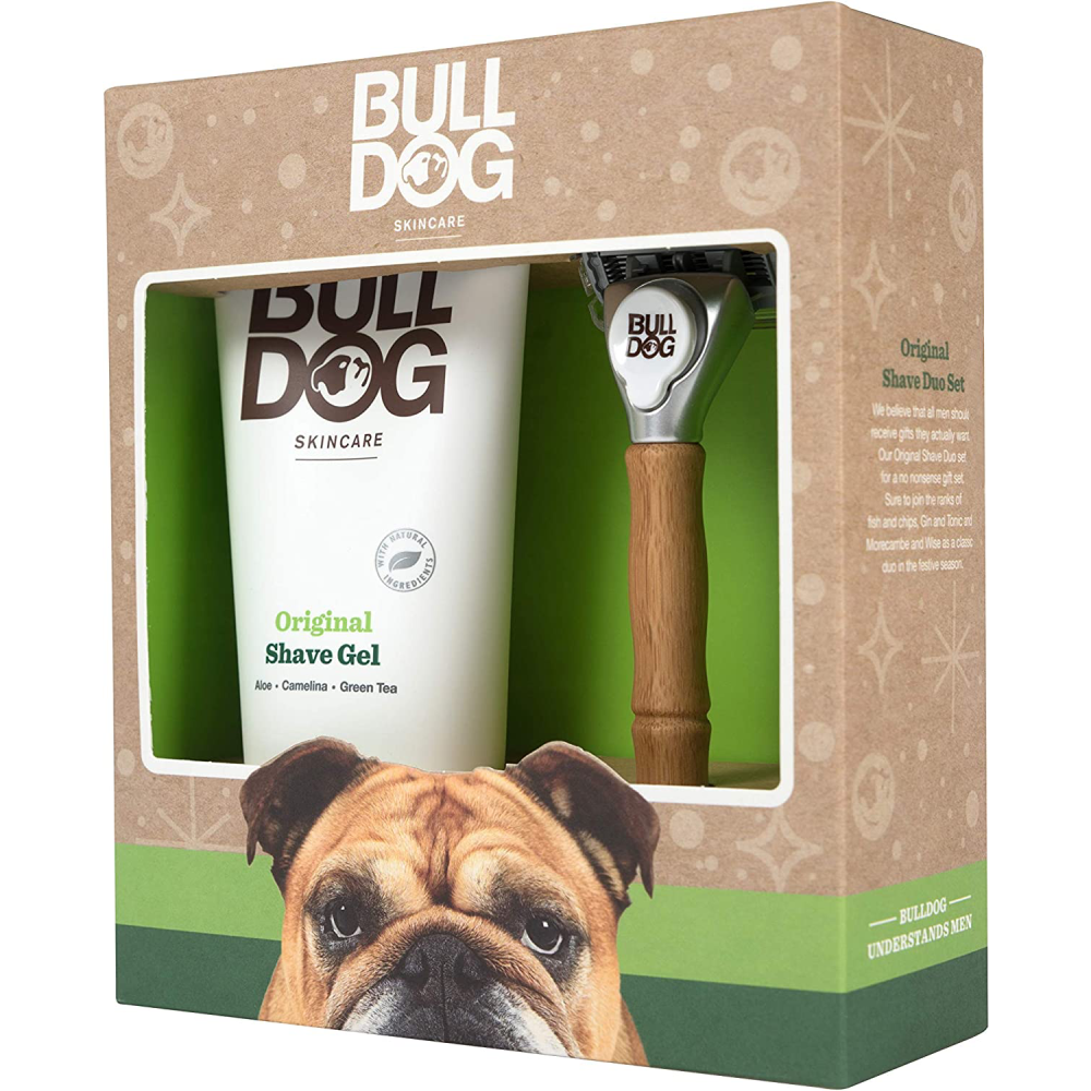 Bulldog Skincare Original Shave Duo Set featuring Original Shave Gel and Bamboo Razor. Vegan approved with Aloe Vera, Camelina Oil, and Green Tea. Plastic-free packaging. World Land Trust supported.
