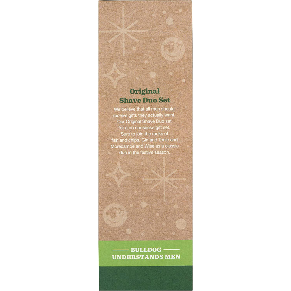 Bulldog Skincare Original Shave Duo Set featuring Original Shave Gel 175ml and Original Bamboo Razor. Vegan approved with Aloe Vera, Camelina Oil, and Green Tea. Plastic-free packaging and supports World Land Trust.