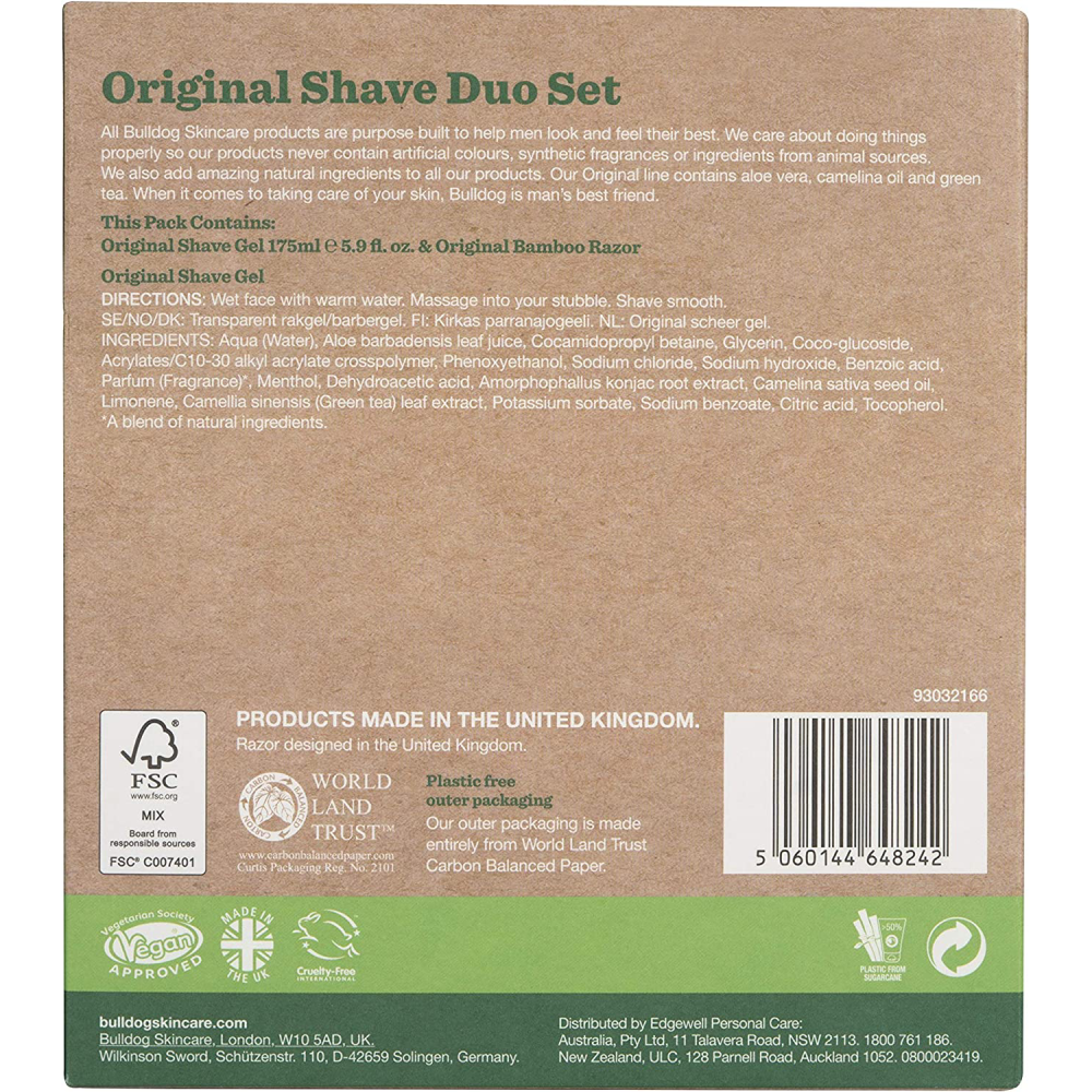 Bulldog Skincare Original Shave Duo Set featuring Original Shave Gel and Bamboo Razor. Vegan approved with Aloe Vera, Camelina Oil, and Green Tea. Plastic-free packaging and supports World Land Trust.