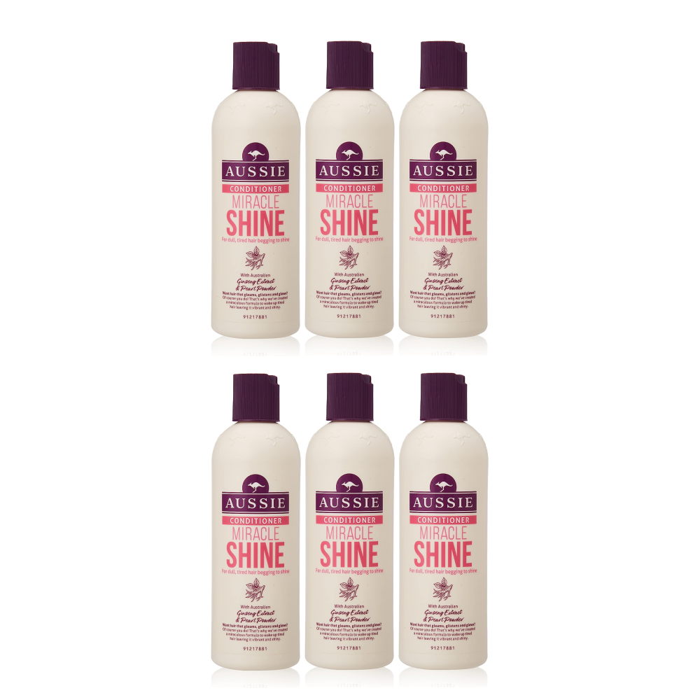 A group of 6 bottles of Aussie Conditioner Miracle Shine for Dull Tired Hair, each containing 250ml. This hair care product adds a super boost of shine and gloss to every strand, preventing dullness. With nourishing ingredients like Australian Ginseng extract and Pearl powder extract, it leaves your hair vibrant and shiny. Perfect for bringing out your inner shimmer and adding bling-bling to your hair.