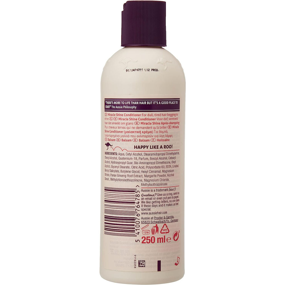 Aussie Conditioner Miracle Shine for Dull Tired Hair, 250ml 6 Pack - White bottle with red text and black label. Boost your hair's shine with this nourishing formula featuring Australian Ginseng extract and Pearl powder extract. Say goodbye to dullness and hello to vibrant, glossy strands.