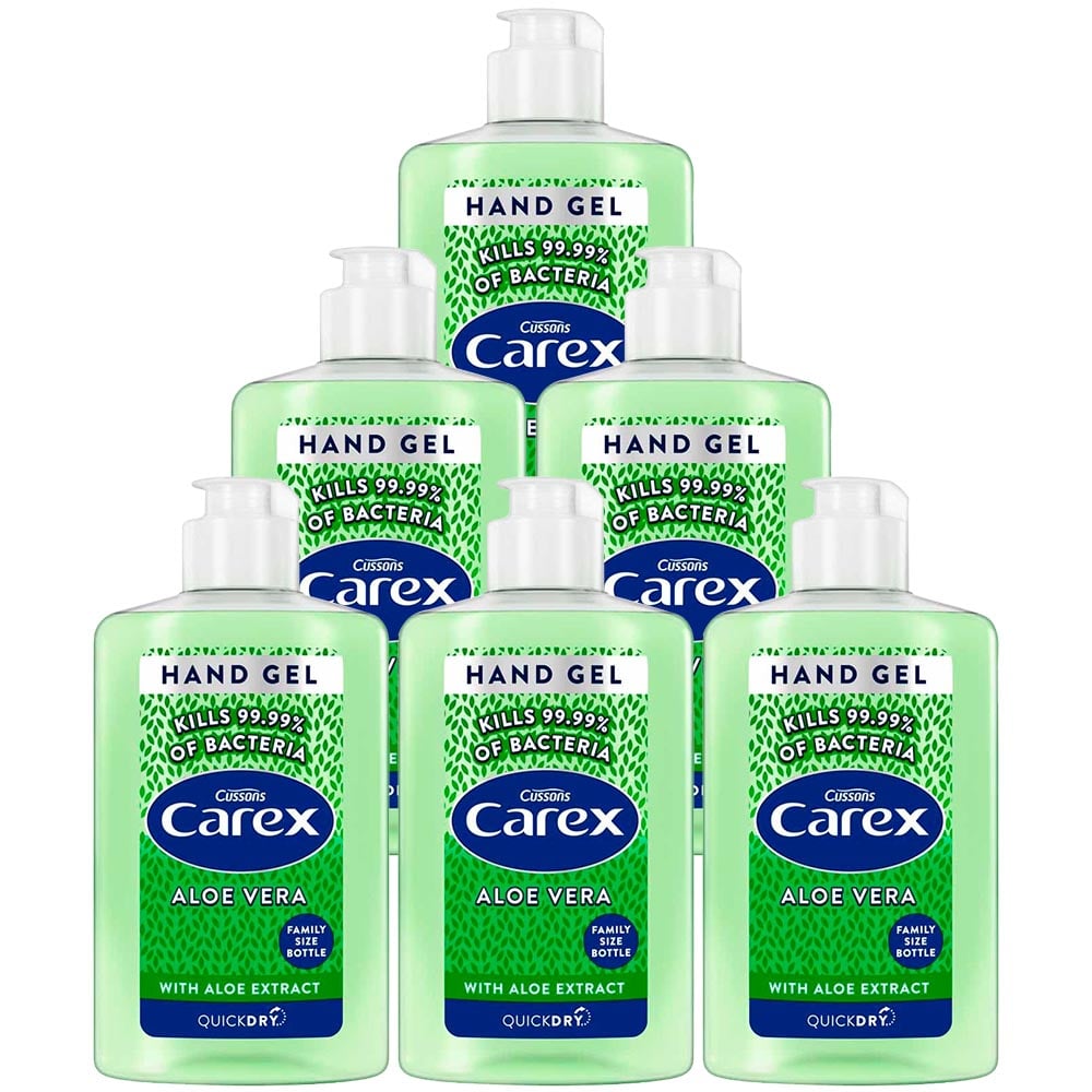 Carex Aloe Vera Hand Gel 300ml, 6 Pack - Antibacterial gel with aloe extract, kills 99.99% of bacteria. Quick-drying formula for hygienic hands at home and on the go. 100% recyclable bottle.