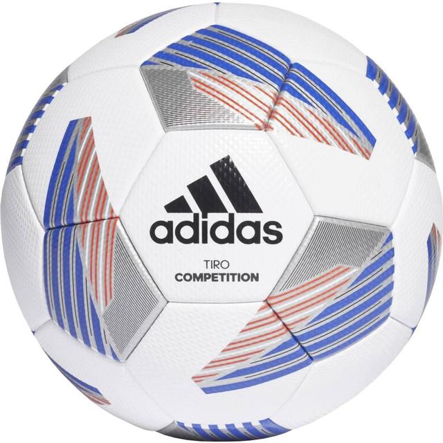 Adidas Tiro Competition Size 4 Ball - White Football with Red and Blue Stripes. FIFA Quality Pro match ball with thermally bonded seamless construction for optimal performance. Made of 100% polyurethane cover with a butyl bladder for best air retention. Features a clean and classic design in white, black, royal blue, and silver metallic.