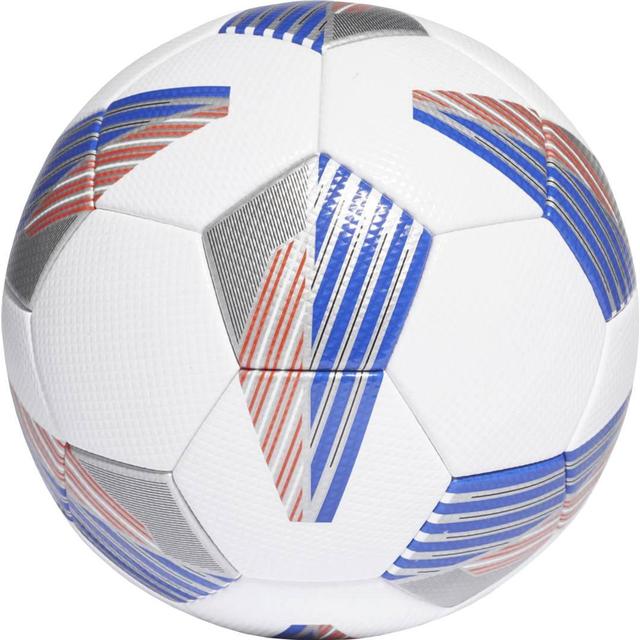 Adidas Tiro Competition Size 4 Ball - A close-up view of a clean and classic football ball. This top match football is made with a 100% polyurethane cover and features a thermally bonded, seamless construction for a true touch and reduced water absorption. Built to FIFA Quality Pro standards, it ensures top-notch performance on the pitch. The ball has a butyl bladder for best air retention and requires inflation. Its product color is White / Black / Royal Blue / Silver Metallic.