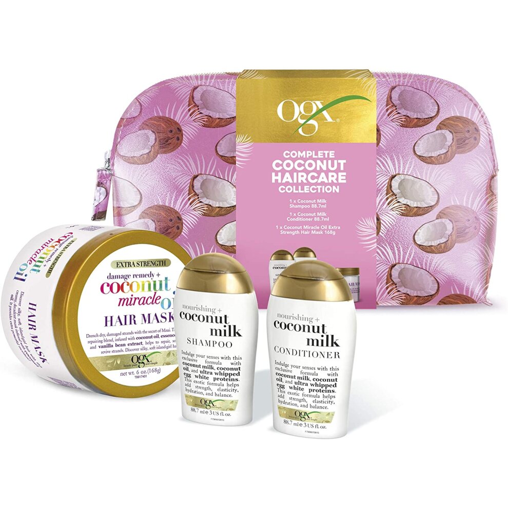 OGX Gift Set, Coconut Hair Care Gift Set with Shampoo, Conditioner, Mask and Beauty Bag
