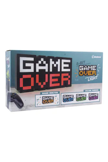 8-Bit Pixel Game Over Light - A retro-cool gift for gamers of all ages. This 30cm wide (approx 12in) homage to the 8-bit gaming era features a classic Game Over message in pixelated type font. The "Over" part of the light changes color from red to blue to green to purple, while the "Game" remains white. USB powered with included cable, this distinctive and recognizable gaming-themed light is perfect for any gamer's bedroom or living space. Made of 100% plastic. Illuminate your room and let the classic sign