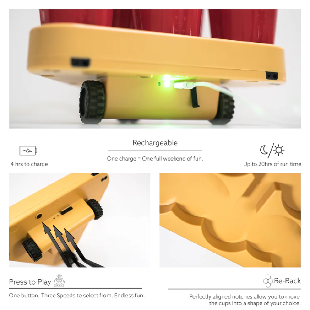 BRUU Moving Beer Pong Robot - A small robot that adds excitement to your beer pong games. It drives around the table, making the cups a moving target. Custom sensors ensure it stays on track without falling off or hitting anything. Easy to use - just add cups, fill them up, and turn it on. Let the good times roll! This model offers 3 different speeds to choose from. Each box contains 1 Robot, 2 Ping Pong Balls, and 1 Quick start guide. Spice up your traditional beer pong matches with this great invention.