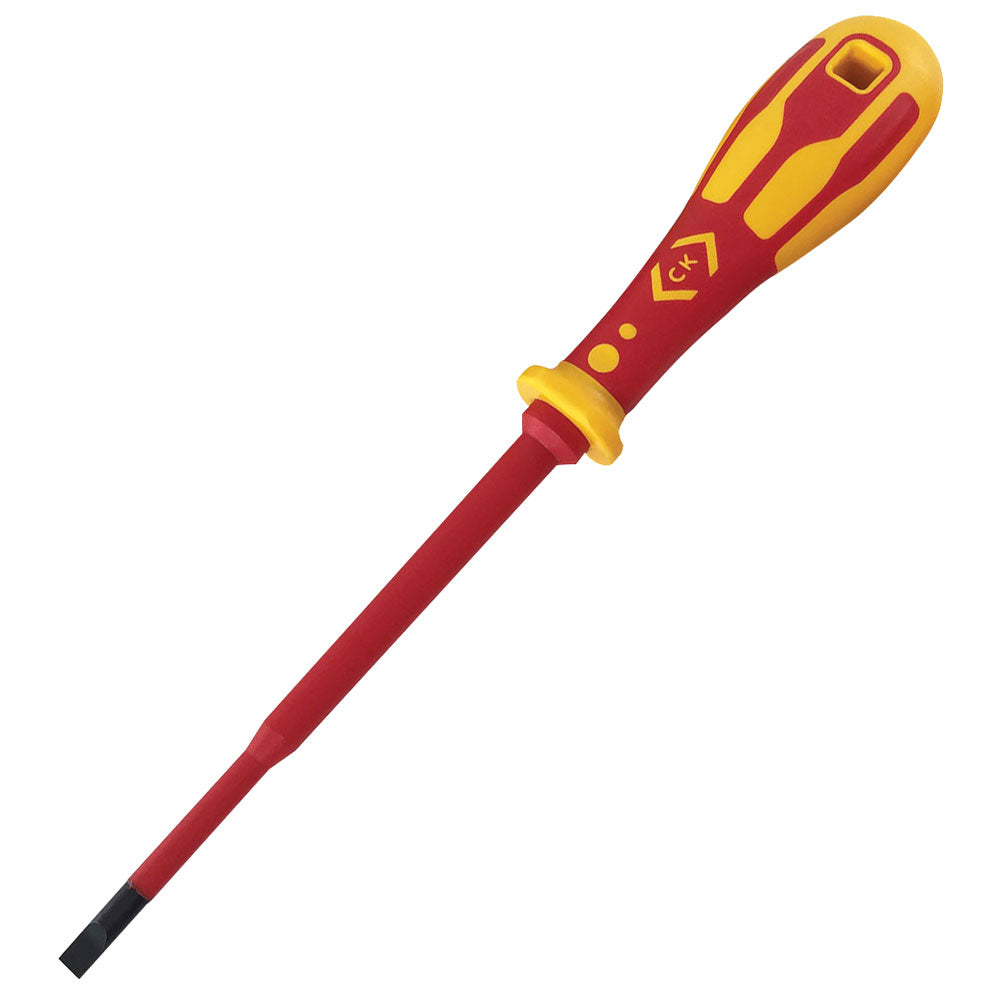 Red and yellow CK DextroVDE Slim Screwdriver SL5.5 x 125mm, featuring a slotted blade width of 5.5mm and a 1mm thick blade. With its slim shafted insulated blades, this VDE approved screwdriver allows access to recessed screws and fixings. Made with premium quality chrome vanadium steel blades, it ensures exceptional strength and durability. Ergonomic handles designed for electricians. VDE & GS approved. CK Tools type T49244-055.