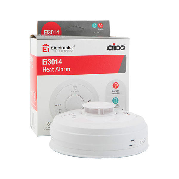 Aico EI3014 Mains Heat Alarm - High performance thermistor sensor for fire protection. Faster alarm response at 58°C trigger temperature. Ideal for detecting heat build-up from large, flaming fires. Interlinked wirelessly or hardwired. Compliant with BS 5446-2: 2003. Mains-powered with battery backup. 10-year sealed tamperproof lithium integrated battery. 85dBA alarm at 3m. Test/Hush button. Built-in AudioLINK data-extraction technology. Easi-Fit base.