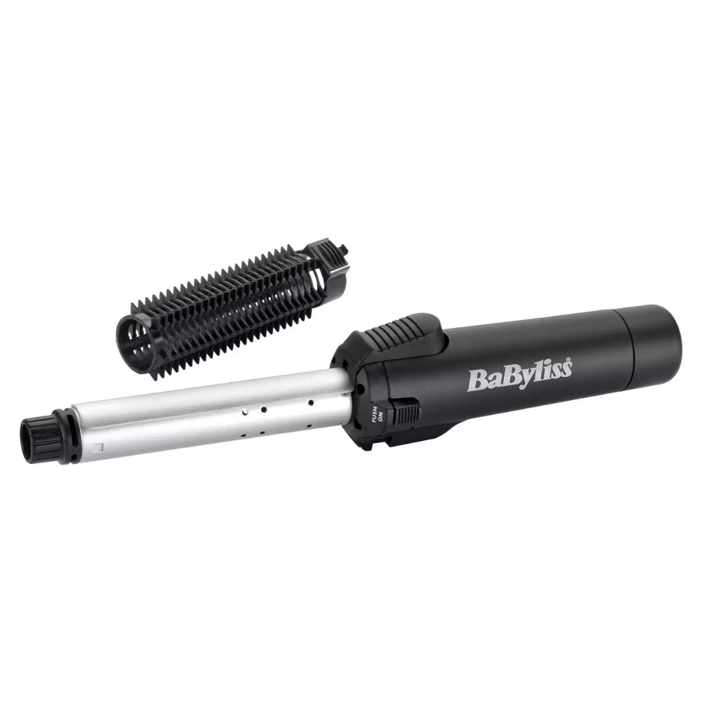 BaByliss Cordless Pro Gas Hair Curling Tong and Brush with 19mm Ceramic Coated Barrel for Perfect Curls, Volume, and Styling at Home or Traveling. Features include curl release button, 200°C max temperature, 72 sec heat-up time, ceramic coating for shine and hair protection, cordless design, worldwide voltage, gas cells powered, and manufacturer's 3-year guarantee. Model number: 2583BU. EAN: 3030053225836.