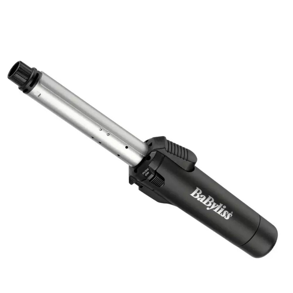 BaByliss Cordless Pro Gas Hair Curling Tong and Brush with 19mm Ceramic Coated Barrel for perfect curls and volume. Features include curl release button, one temperature setting, maximum 200°C, 72 seconds heat-up time, ceramic coating for shine and protection, cordless design, and worldwide voltage compatibility. Ideal for home use or travel. Manufacturer's 3 year guarantee. Model number: 2583BU. EAN: 3030053225836.