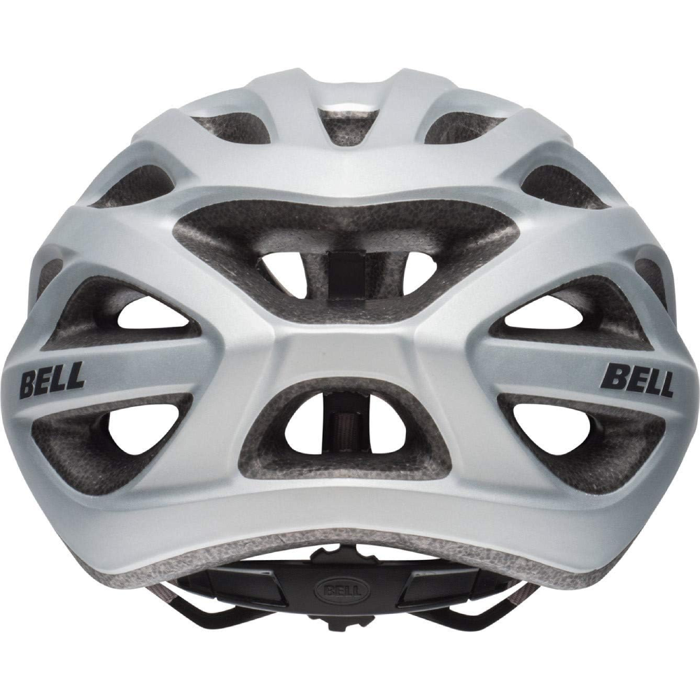 Silver and black Bell Tracker R Universal Adult Bike Helmet featuring tough In-Mold shell, extended coverage, removable visor, Ergo Fit system with easy-to-use dial, and No-Twist Tri-Glides for quick adjustments. Universal size 54-61cm, Fusion In-Mold polycarbonate shell, 25 vents, CE EN1078 certified, 289g.