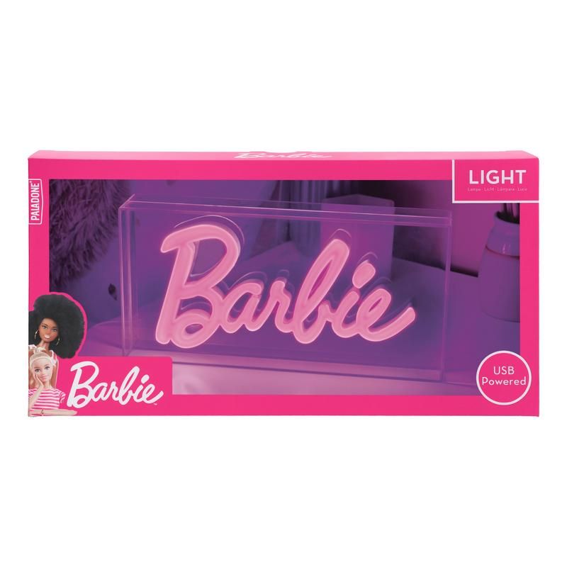 Barbie LED Neon Light - A vibrant pink box with pink text featuring the classic Barbie logo in LED neon. Adds a bold and stylish look to any space, perfect for fans and collectors of the iconic doll. Enhance your room with this chic Paladone Barbie LED Neon Light, blending retro style and modern flair.