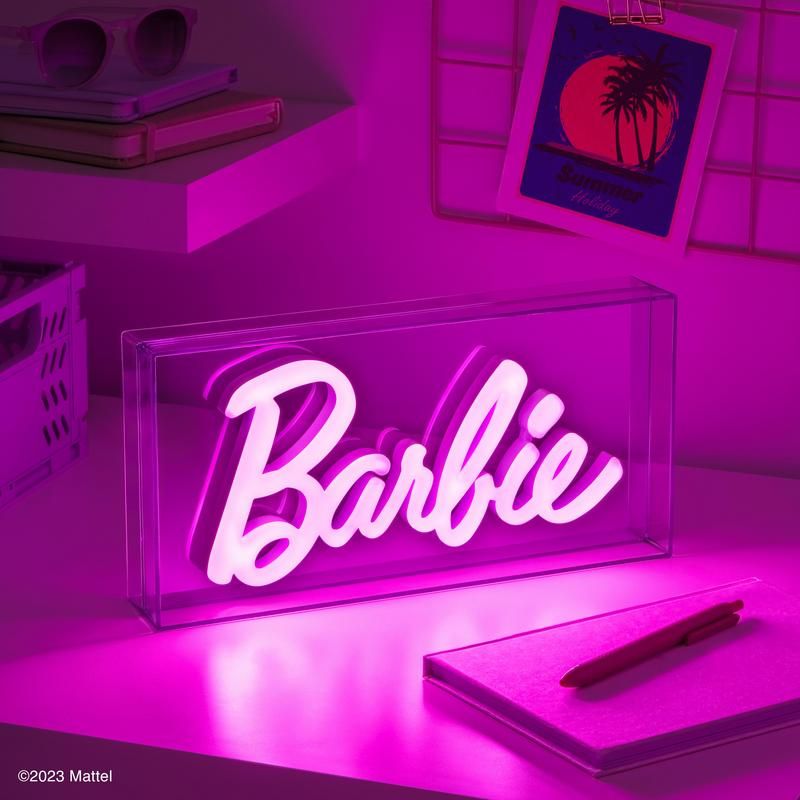 A vibrant pink LED neon sign featuring the classic Barbie logo, perfect for adding a pop of style and iconic decor to any space.