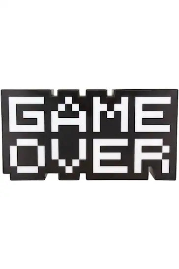 8-Bit Pixel Game Over Light - Black and White Sign with White Text. A retro-cool homage to the 8-bit gaming era, this Game Over Light features a black and white sign with white text in a classic pixelated type font. Standing 30cm wide, the "Game" text remains white while the "Over" part changes color from red to blue to green to purple. Powered by USB (USB cable included), this 100% plastic light is the perfect gaming-themed addition to any gamer's bedroom or living space. It's a great gift for gamers of al
