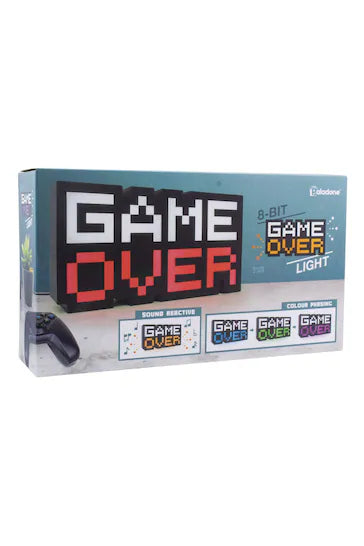 8-Bit Pixel Game Over Light - A retro-cool gift for gamers of all ages. This 30cm wide (approx 12in) homage to the 8-bit gaming era features a classic Game Over message in pixelated type font. The "Over" part of the light changes color from red to blue to green to purple, while the "Game" remains white. USB powered with included cable, this distinctive and recognizable gaming-themed light is perfect for any gamer's bedroom or living space. Made of 100% plastic. Illuminate your room and let the classic sign 