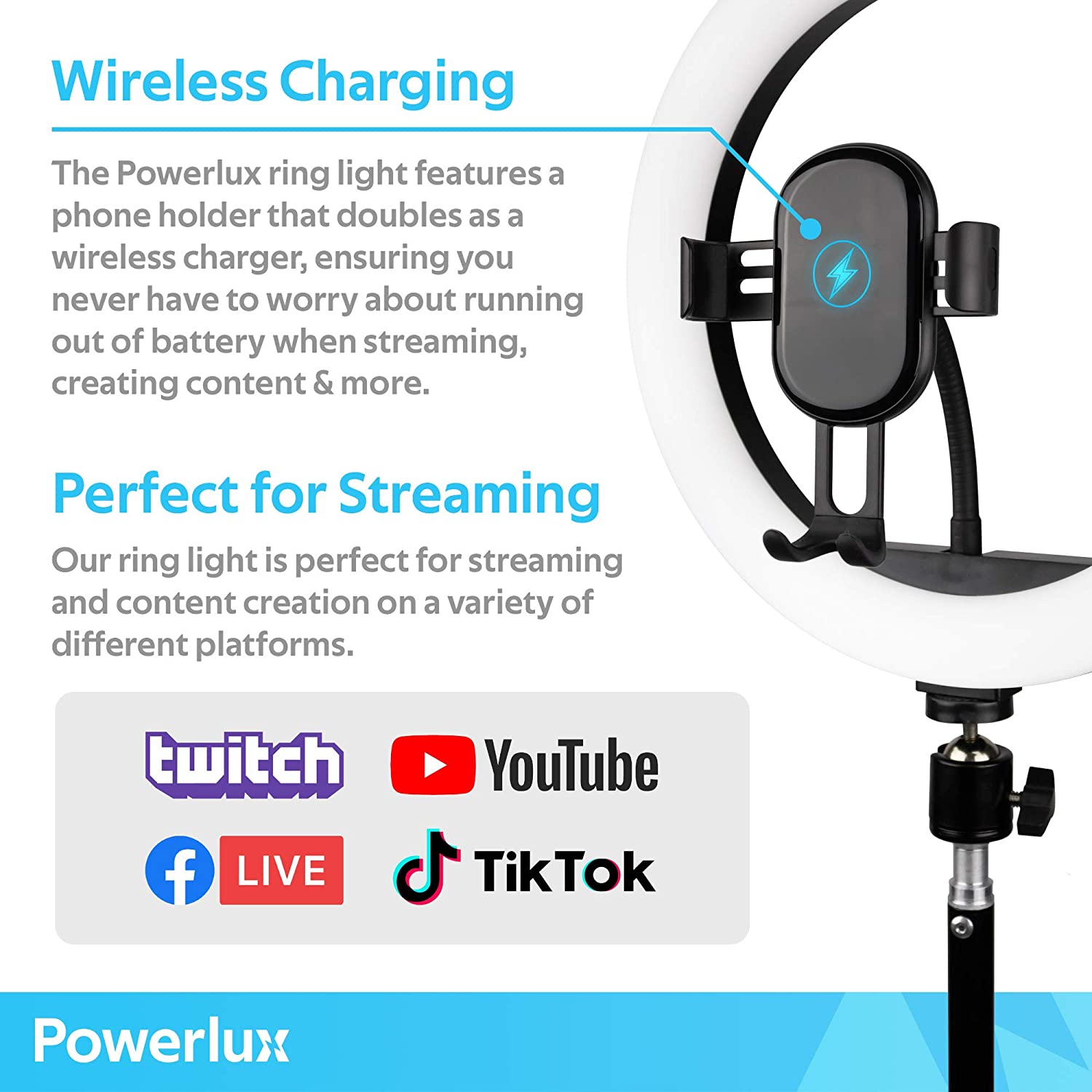 Powerlux Wireless Charging Dimmable Adjustable LED Ring Light